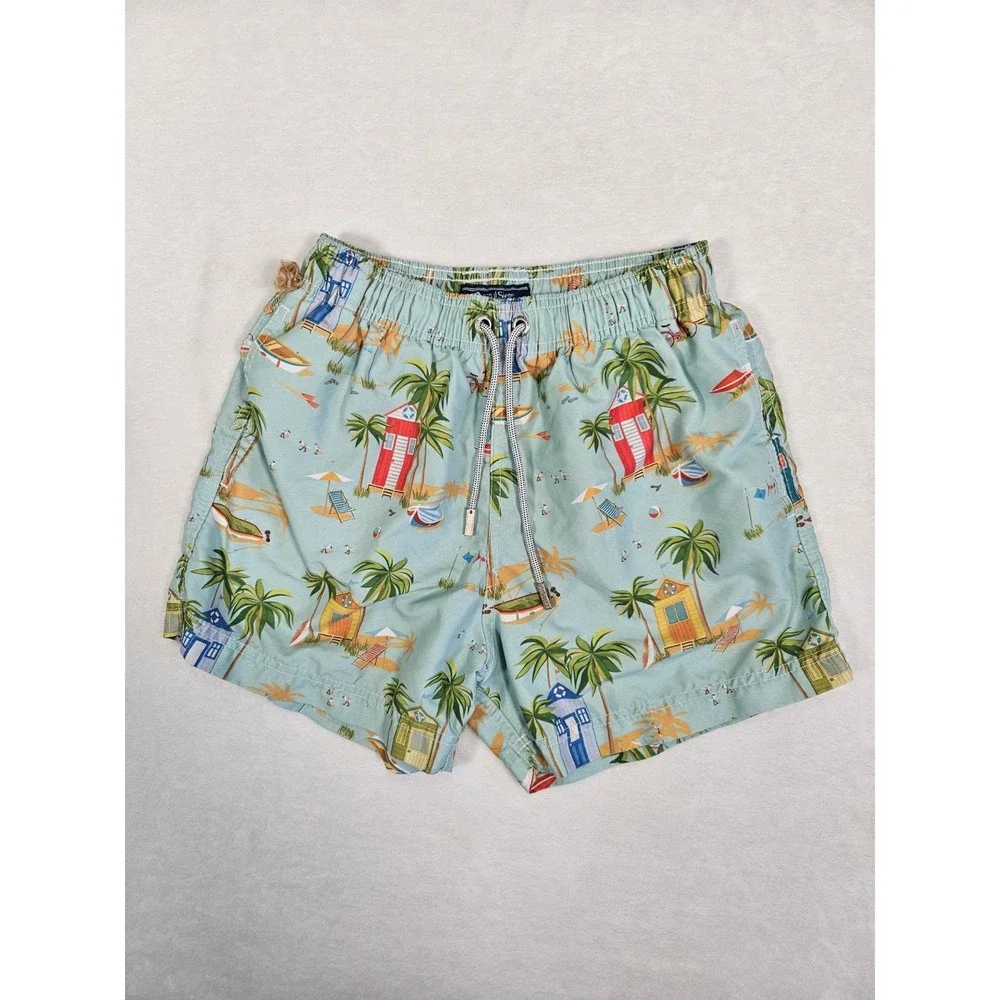 Azul Siete Men's Cyan Blue Print Swim Trunks Shorts Small S Palm‎ Tree Beach